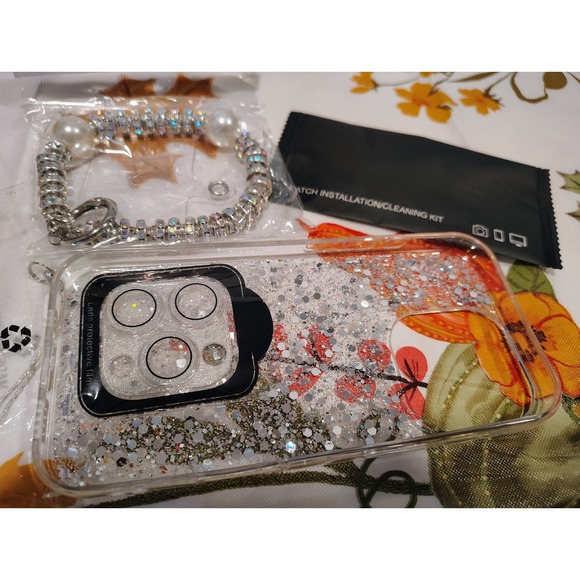 Other - Glitter iPhone Case with Pearl Rhinestone Wristlet Strap and Lens Protector
